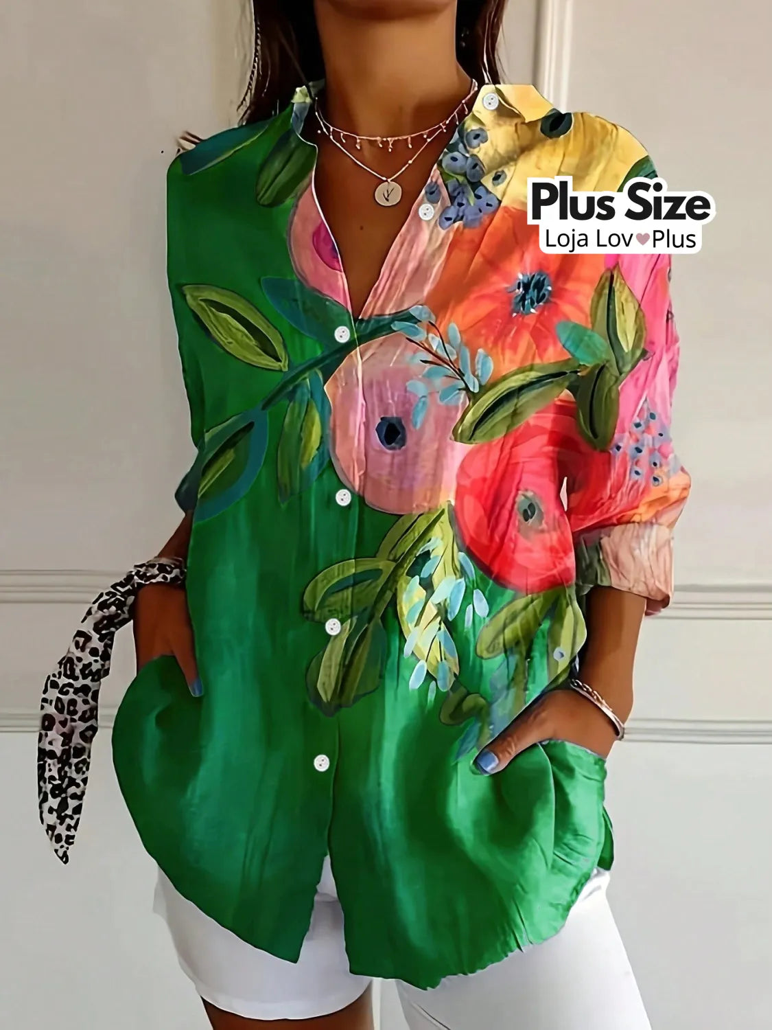 Camisa Plus Size Estilosa Floral G / Verde Blusas Plus Size