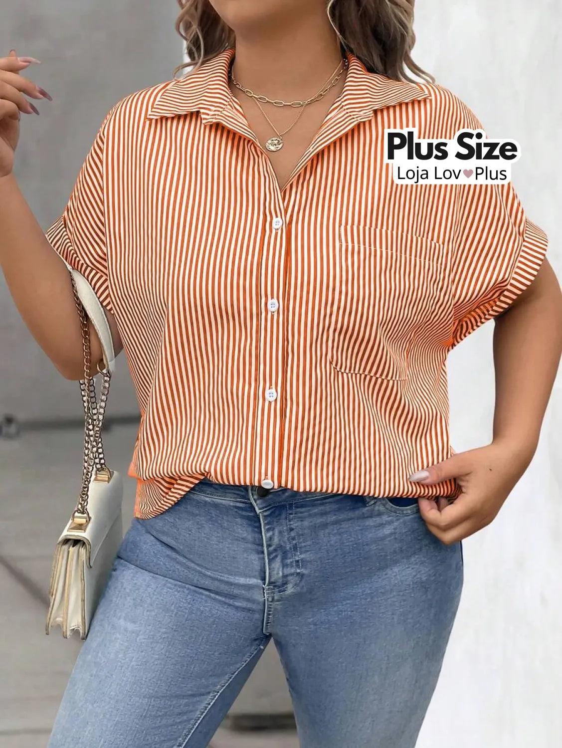 Camisa Plus Size Social de Manga Curta G / Laranja Blusas Plus Size