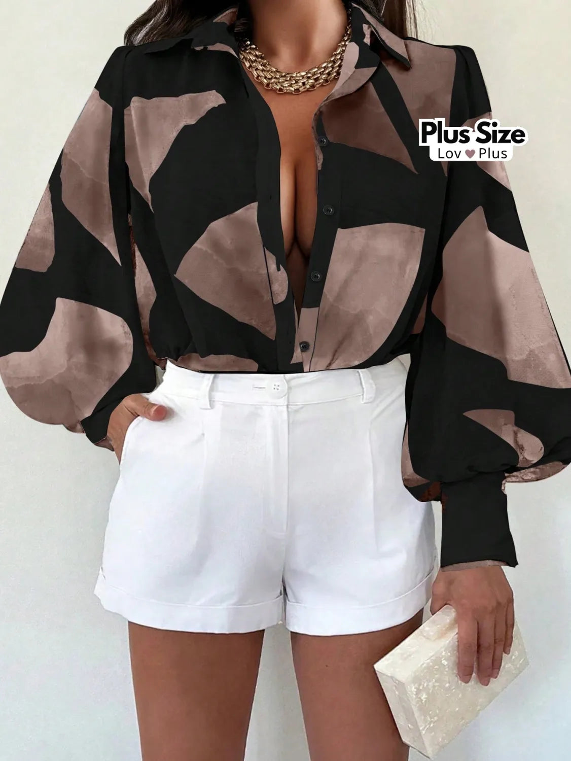Camisa Plus Size Sofisticada de Manga Longa Blusas Plus Size