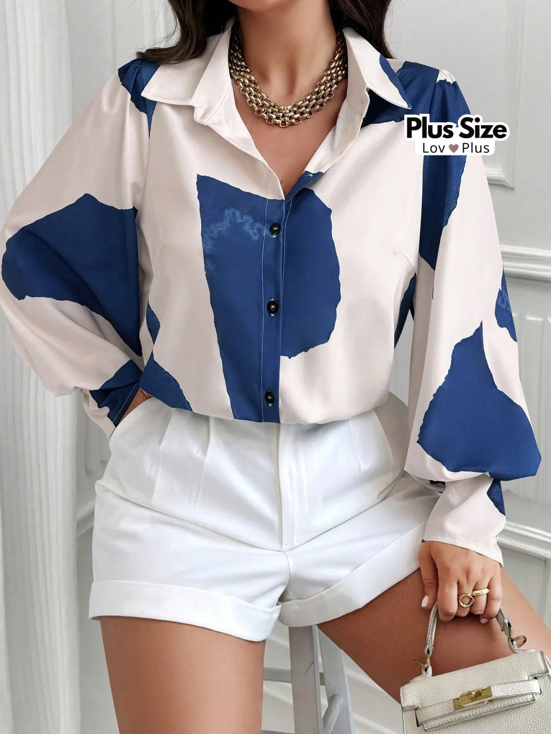 Camisa Plus Size Sofisticada de Manga Longa G / Azul Marinho Blusas Plus Size