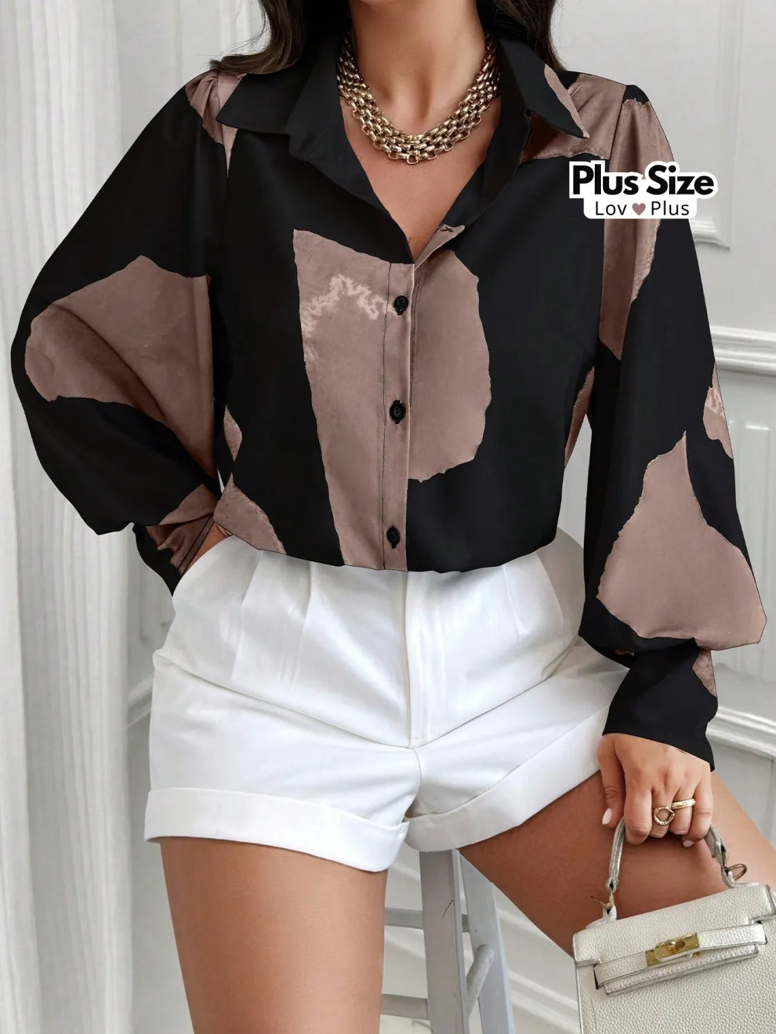 Camisa Plus Size Sofisticada de Manga Longa G / Marrom Blusas Plus Size