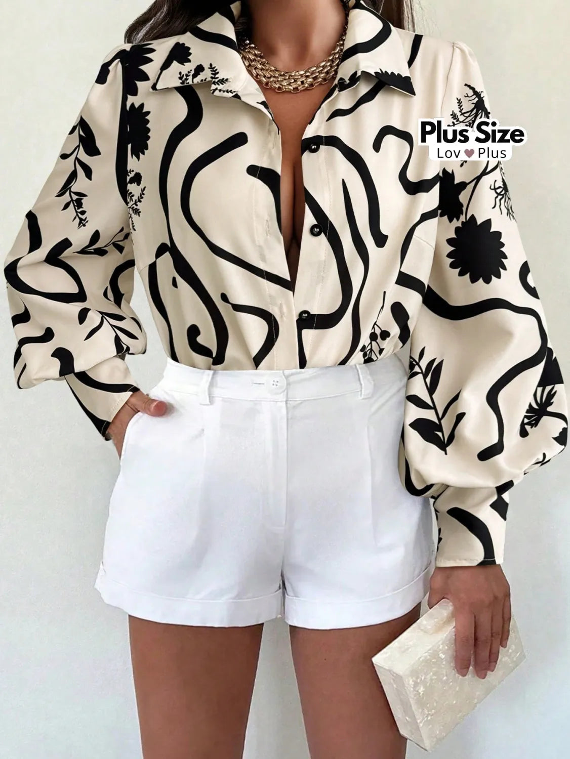 Camisa Plus Size Sofisticada de Manga Longa G / Preto e Branco Blusas Plus Size