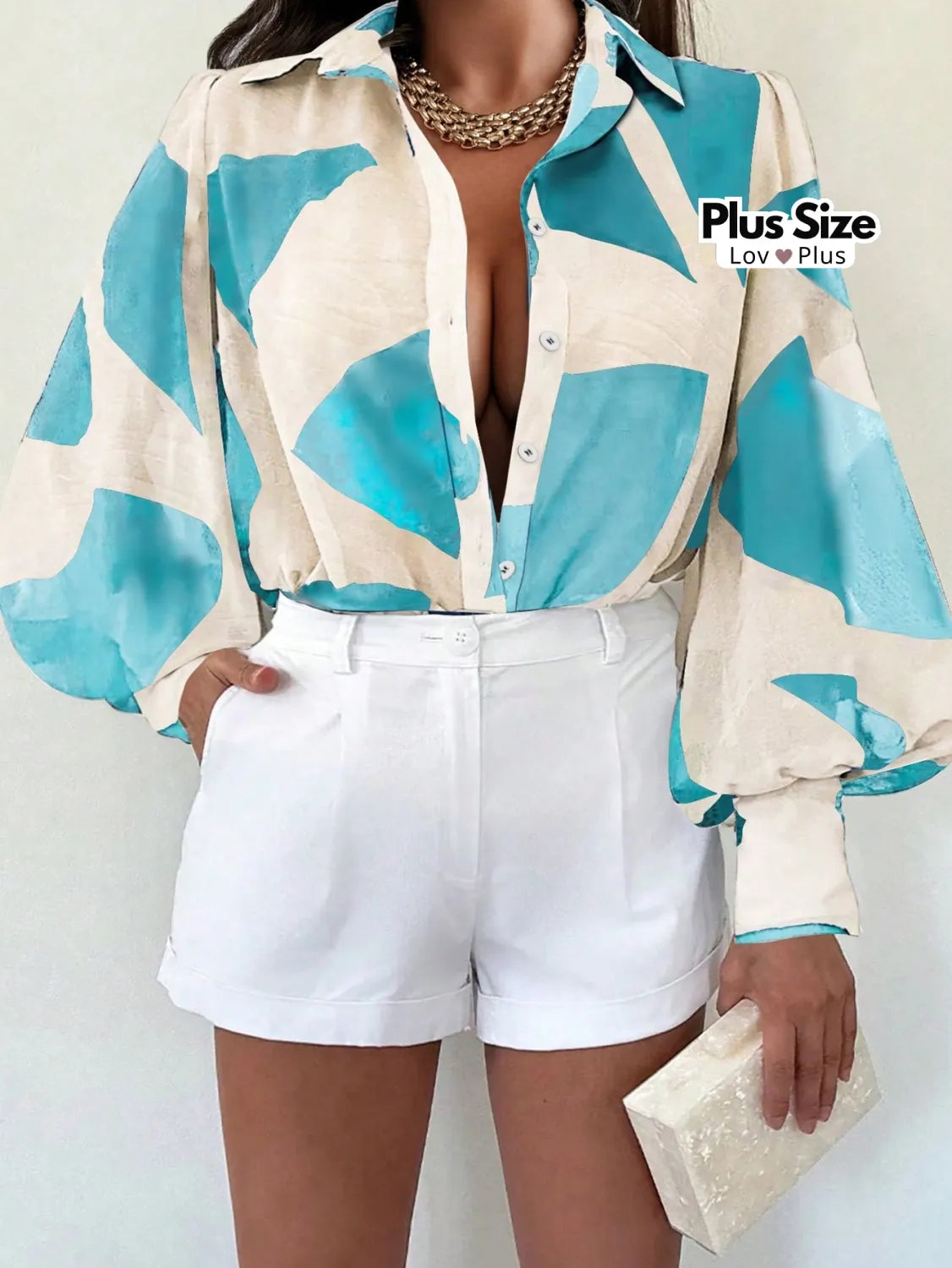 Camisa Plus Size Sofisticada de Manga Longa G / Turquesa Blusas Plus Size