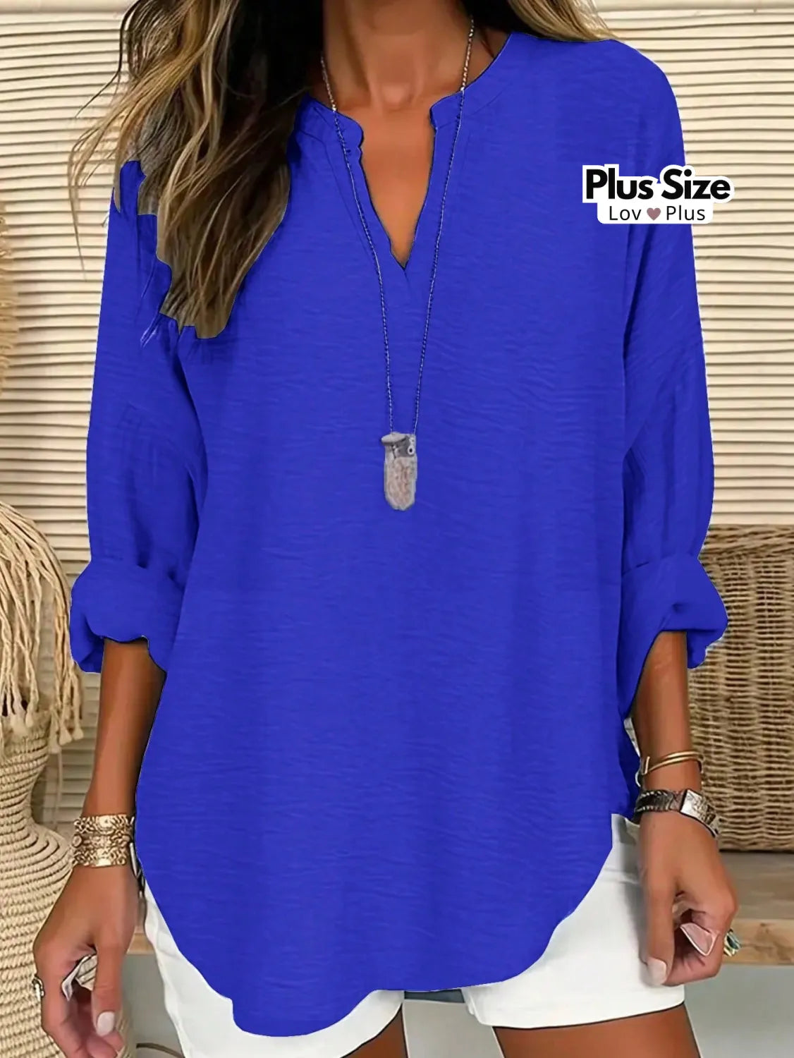 Camisa Plus Size Soltinha de Manga Dobrável G / Azul Royal Blusas Plus Size