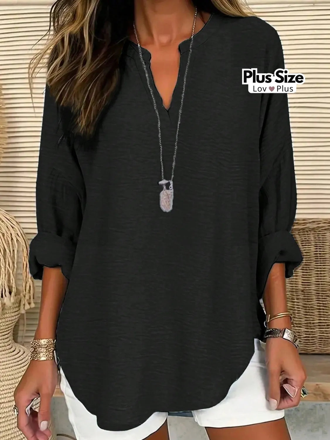 Camisa Plus Size Soltinha de Manga Dobrável G / Preto Blusas Plus Size