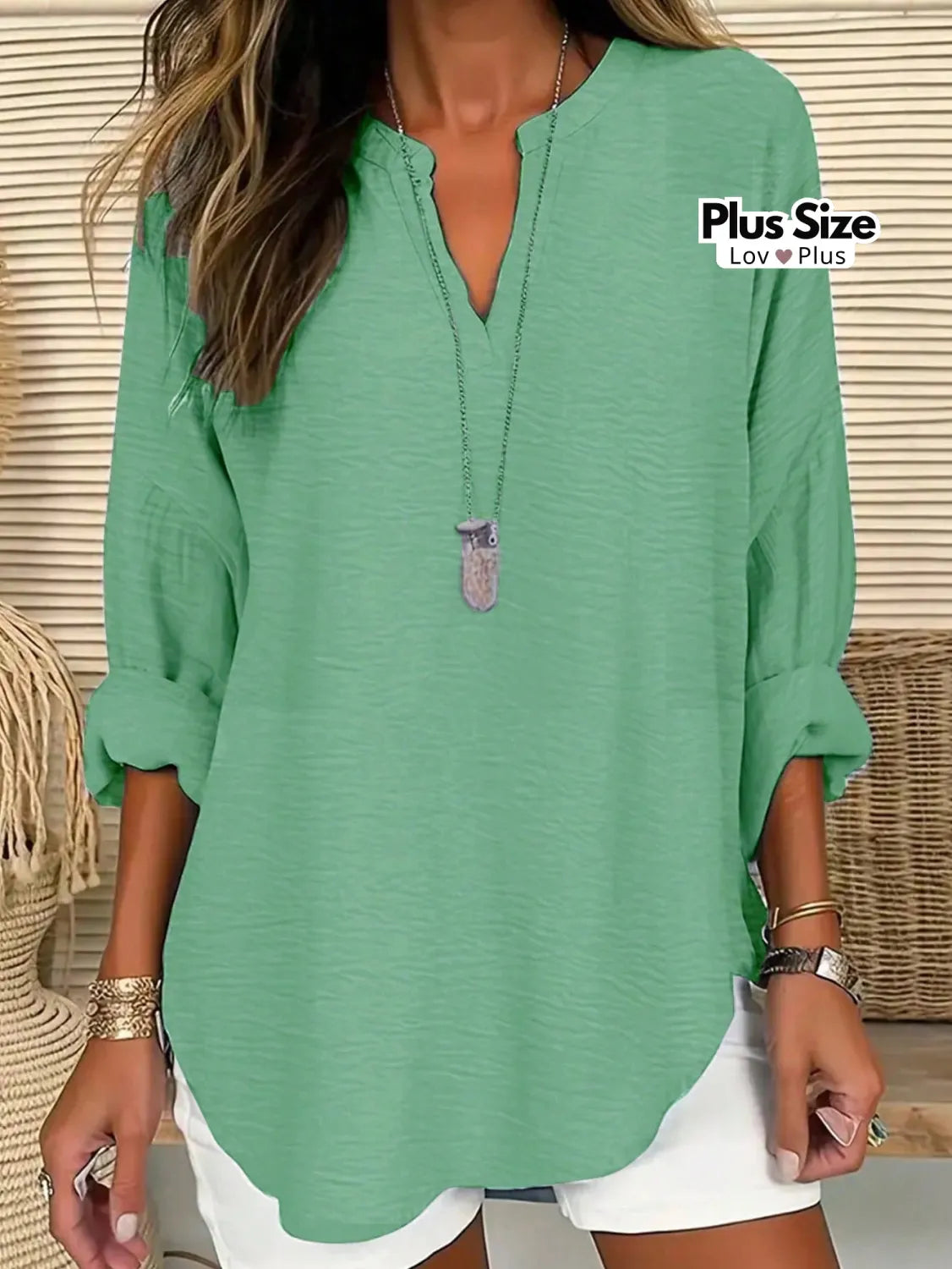 Camisa Plus Size Soltinha de Manga Dobrável G / Verde Menta Blusas Plus Size