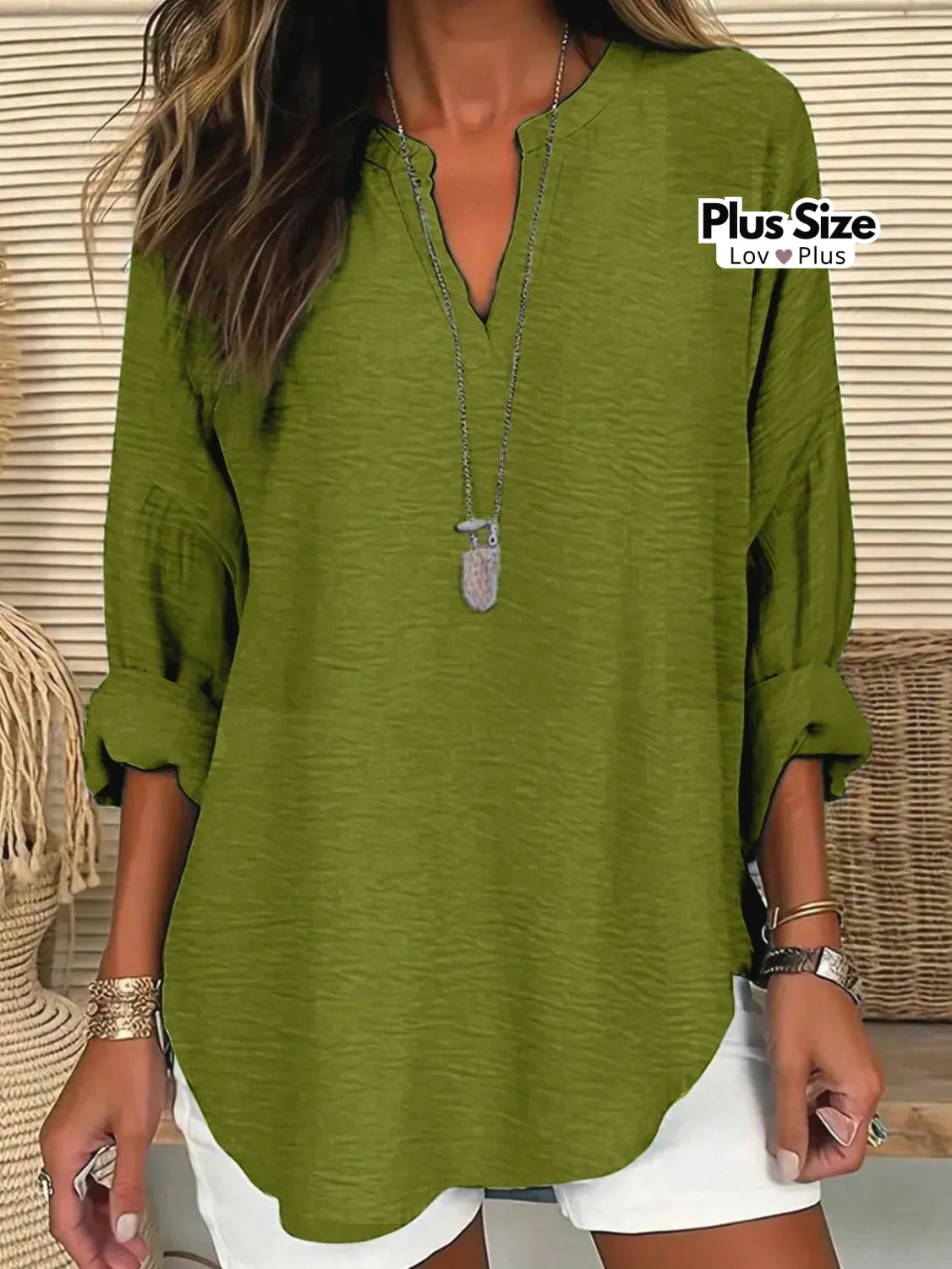 Camisa Plus Size Soltinha de Manga Dobrável G / Verde Oliva Blusas Plus Size