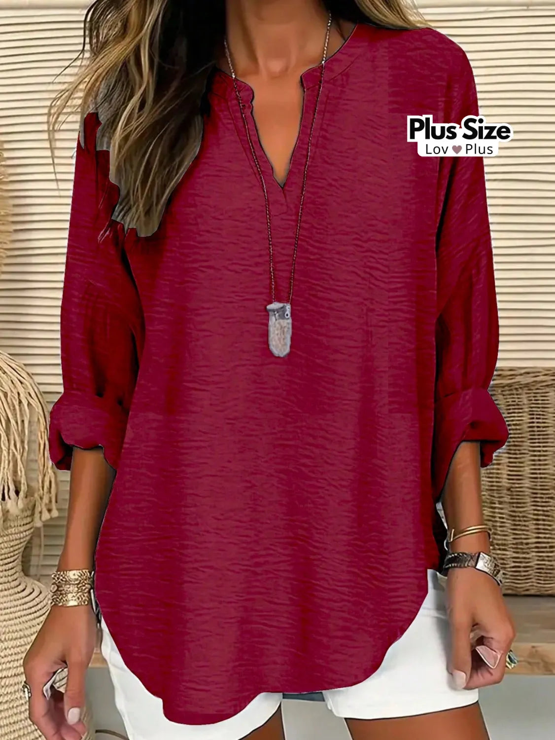 Camisa Plus Size Soltinha de Manga Dobrável G / Vinho Blusas Plus Size
