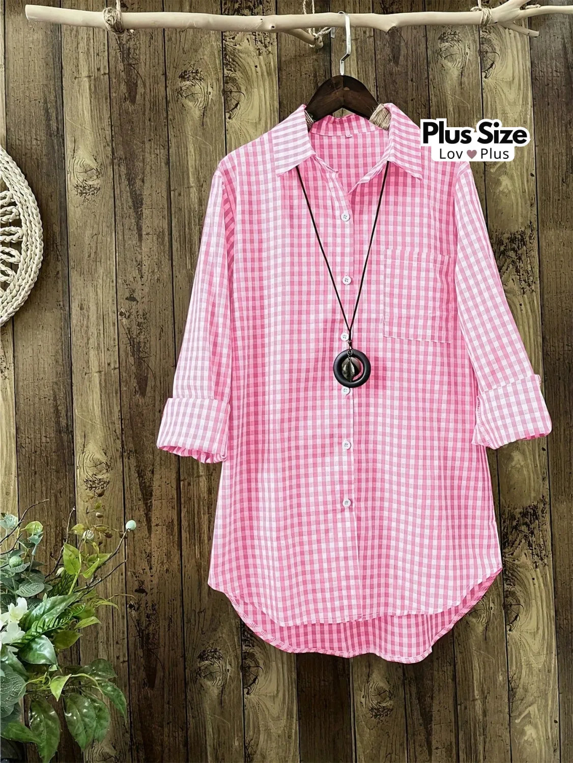 Camisa Plus Size Xadrez com Manga de Enrolar Blusas Plus Size