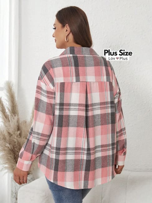 Camisa Xadrez de Botão Estilosa Plus Size - Tags: Blusas Plus Size