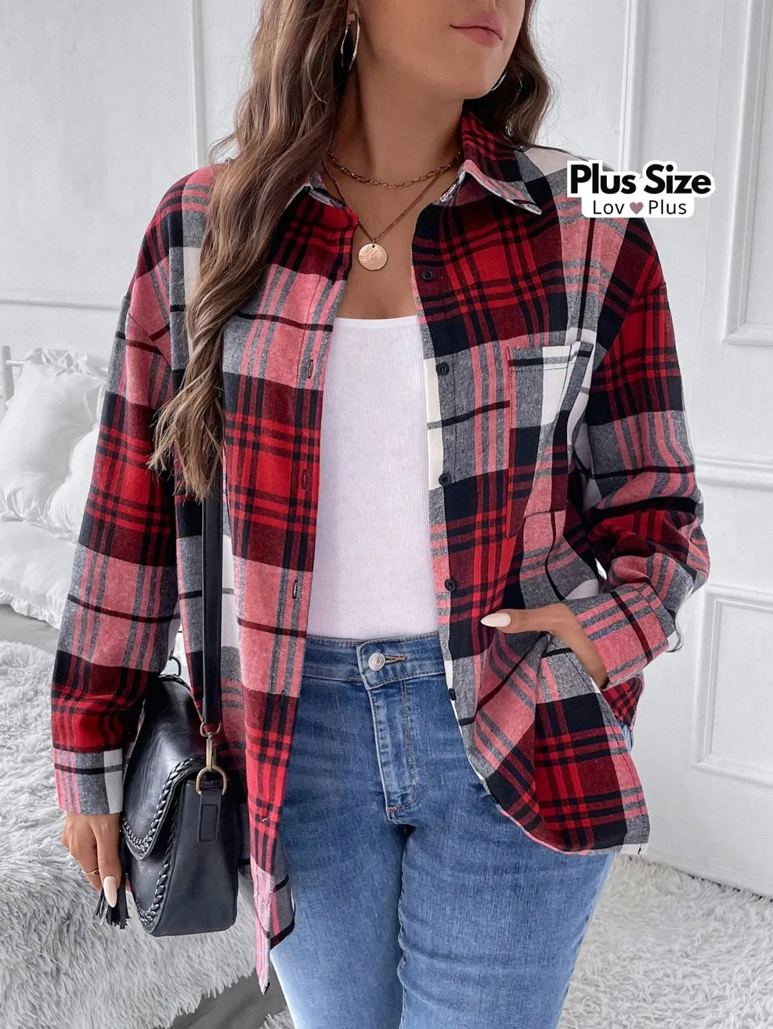 Camisa Xadrez Plus Size com Bolso Blusas Plus Size