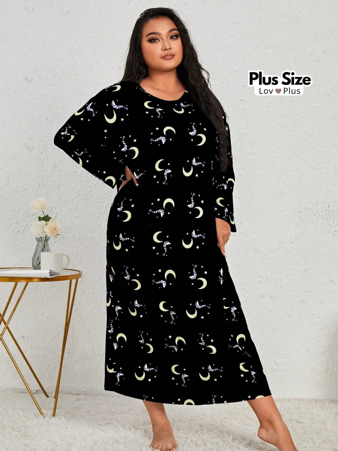 Camisola Longa Plus Size de Manga Comprida G1 / Camisola Preta Pijamas Plus Size