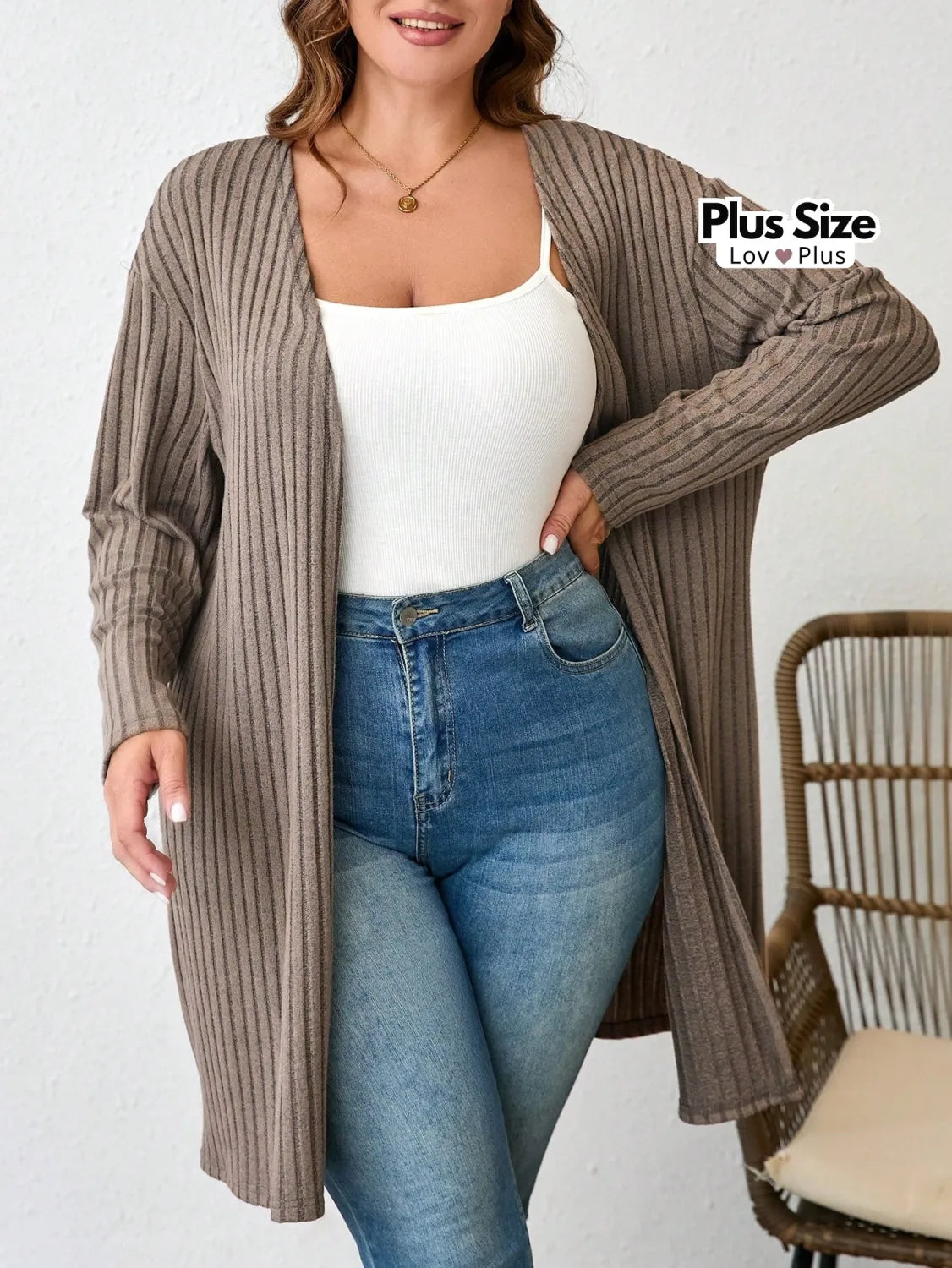 Cardigã Longo Plus Size Canelado Modal Suéter Plus Size