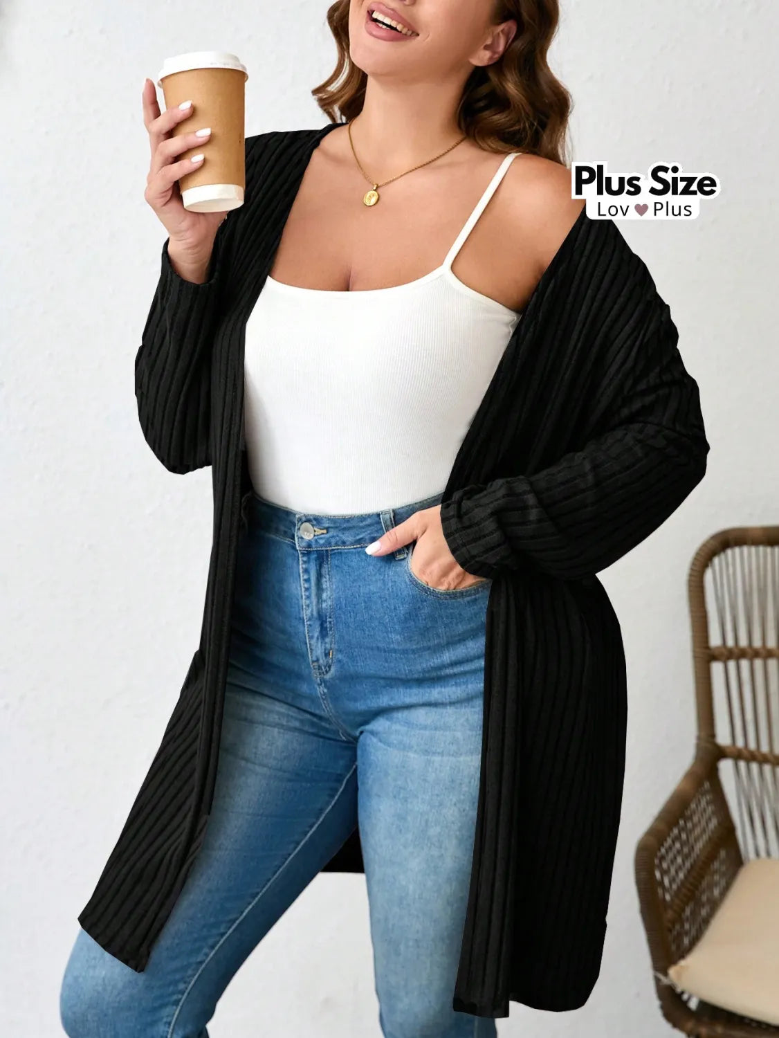 Cardigã Longo Plus Size Canelado Modal Suéter Plus Size