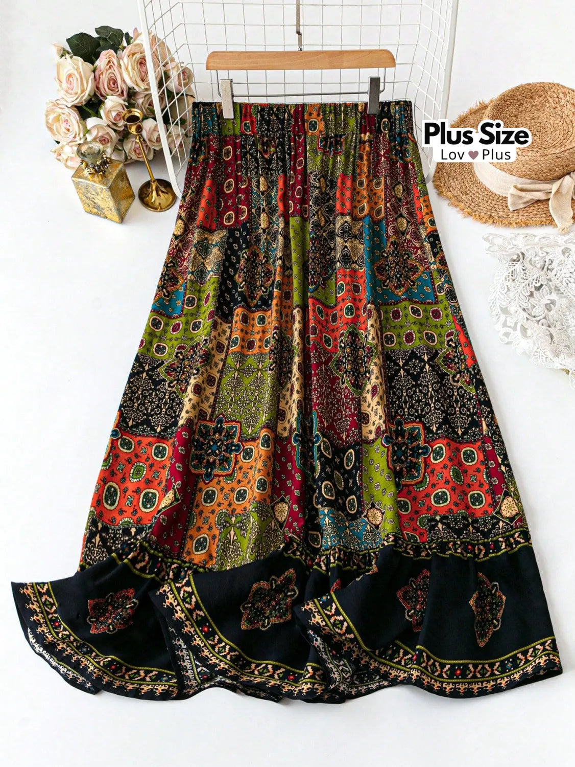 Saia Boho Evasê Cintura Alta Plus Size Saias Plus Size