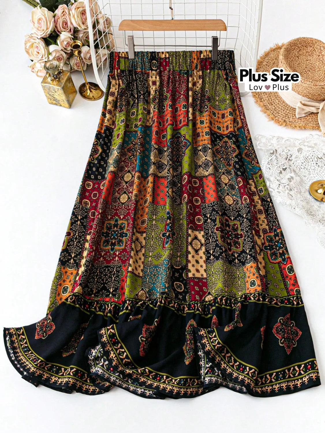 Saia Boho Evasê Cintura Alta Plus Size Saias Plus Size