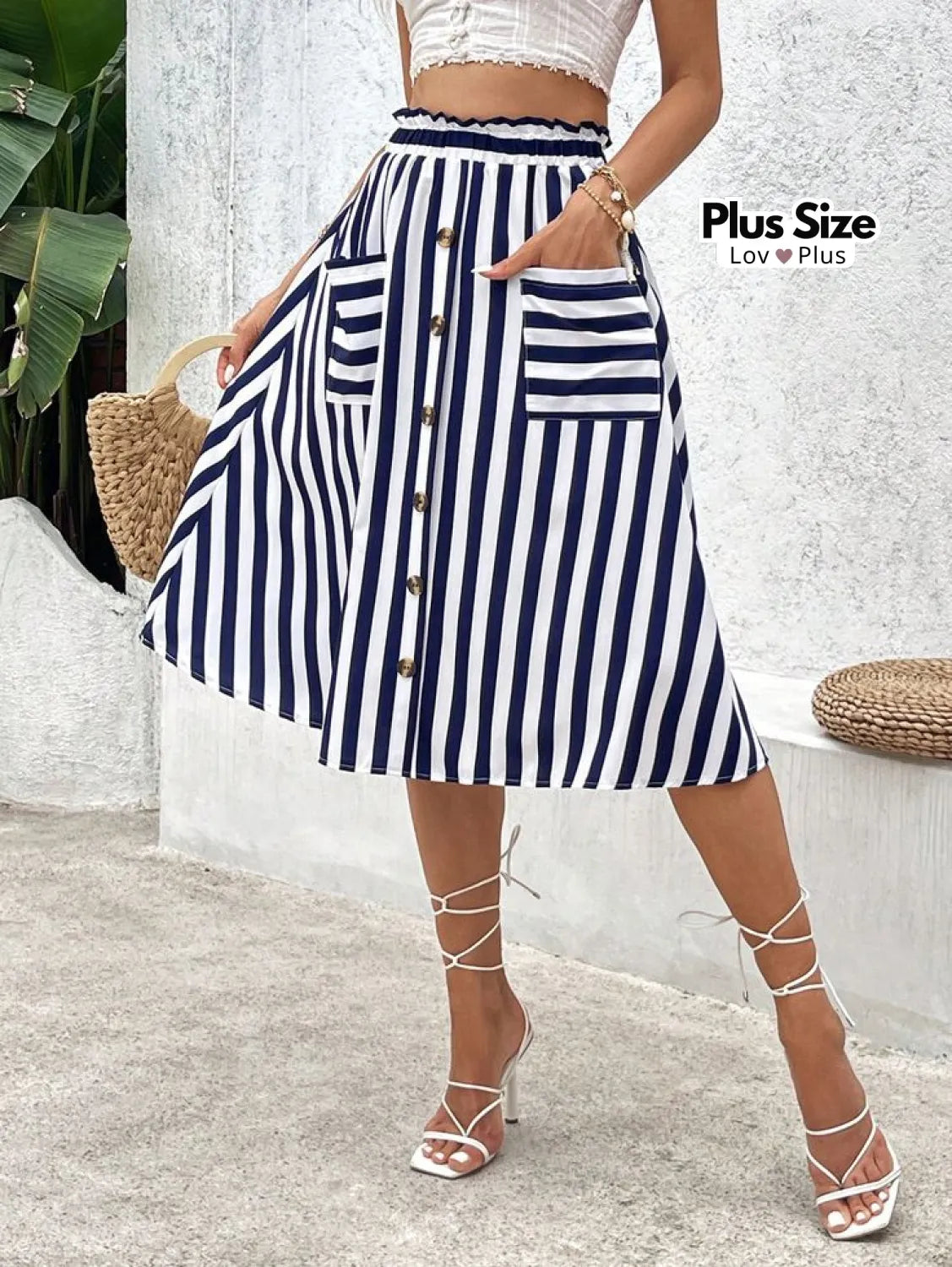 Saia de Listras com Bolso Frontal Plus Size G / Azul Saias Plus Size