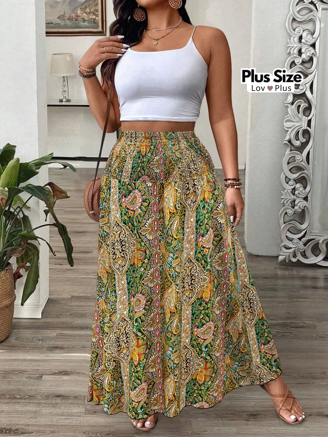 Saia Longa Estilosa Plus Size Cintura Alta G / Esverdeado Saias Plus Size