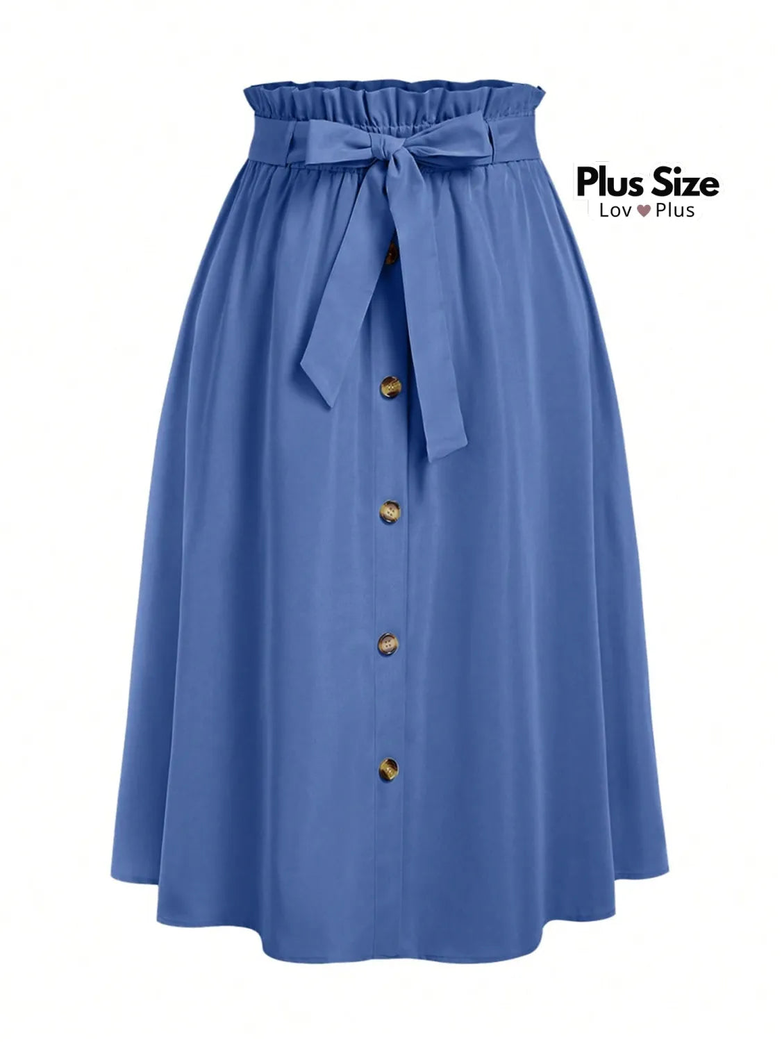 Saia Plus Size com Botões e Cinto de Laço G / Azul Saias Plus Size