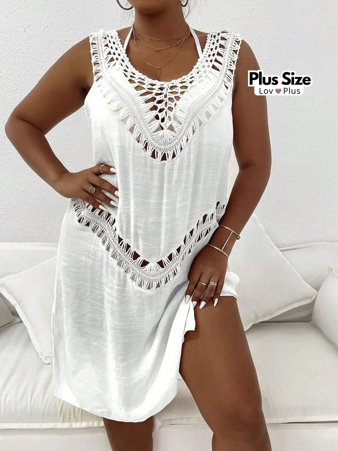 Saída de Praia Plus Size Crochê Natural G / Branco Saídas de Praia Plus Size
