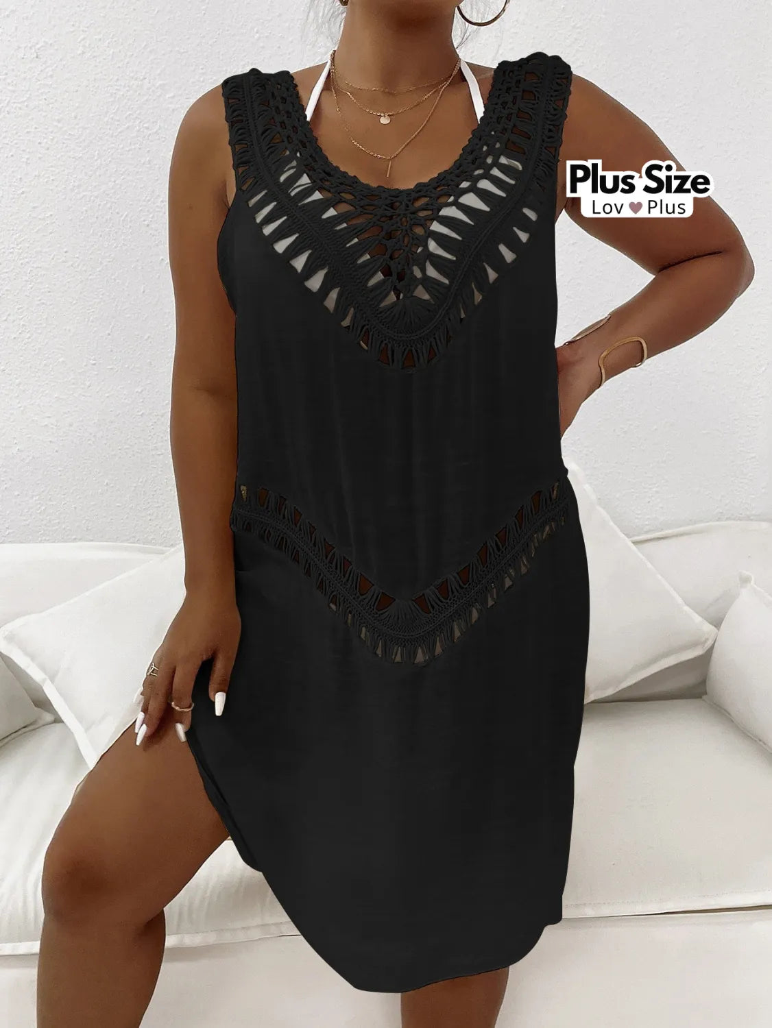Saída de Praia Plus Size Crochê Natural G / Preto Saídas de Praia Plus Size