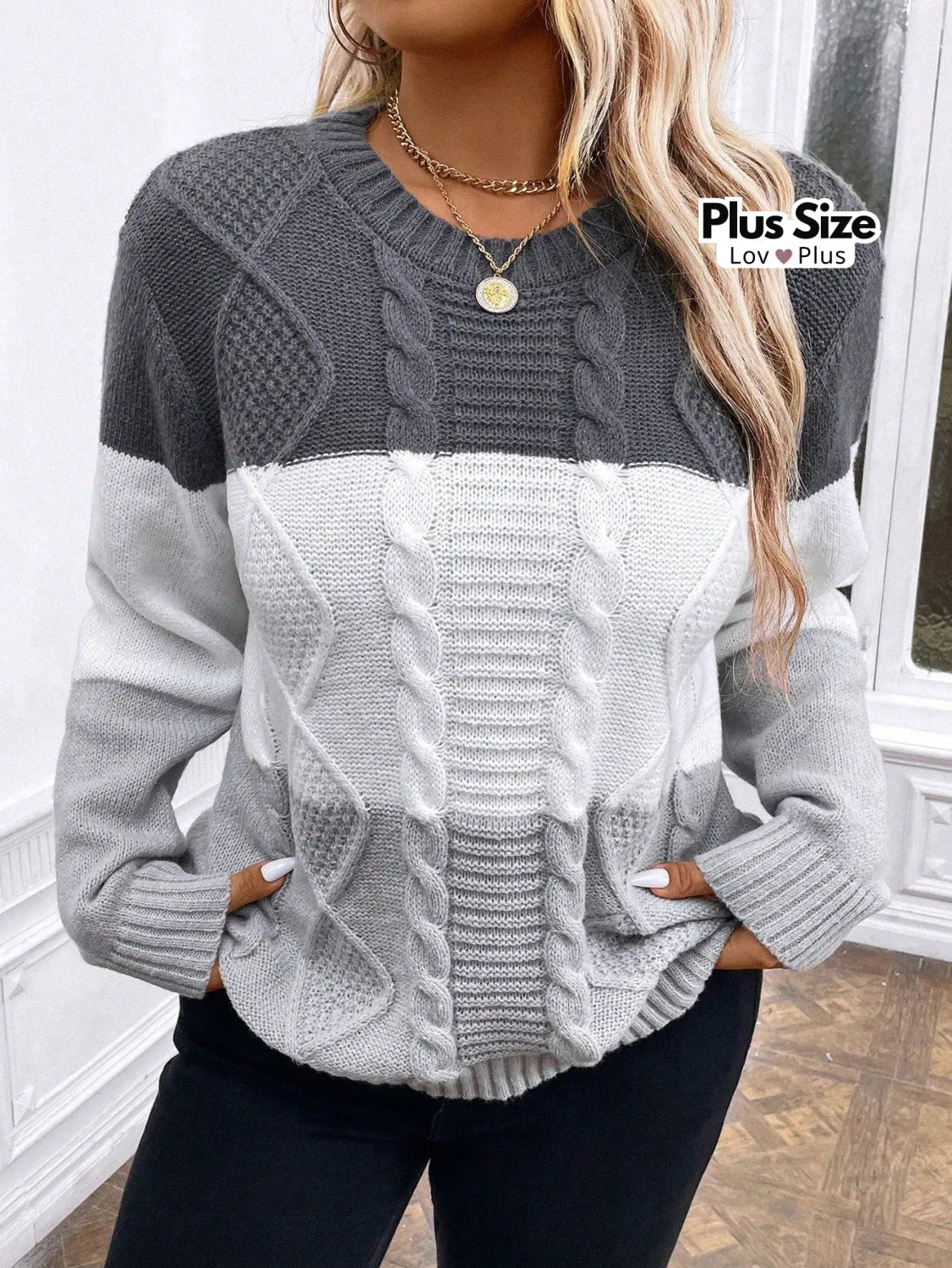 Suéter de Manga Comprida Plus Size em Lã G / Cinza Blusas Plus Size