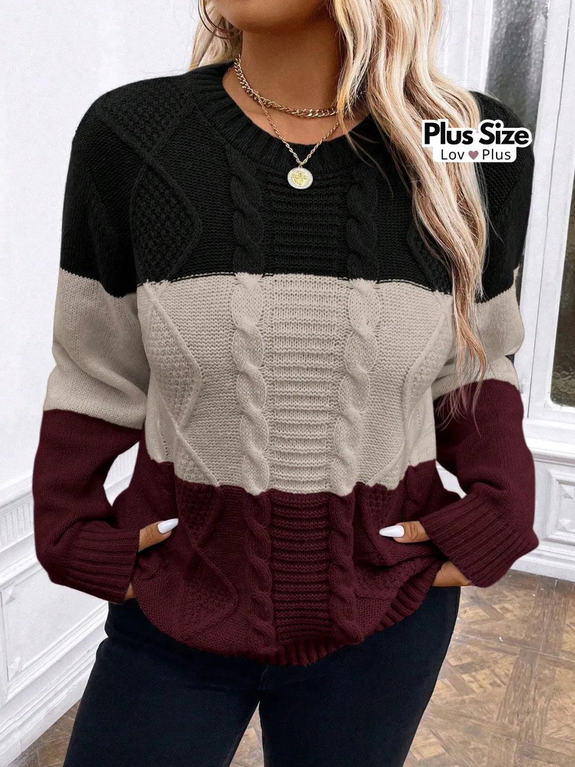 Suéter de Manga Comprida Plus Size em Lã G / Vinho Blusas Plus Size