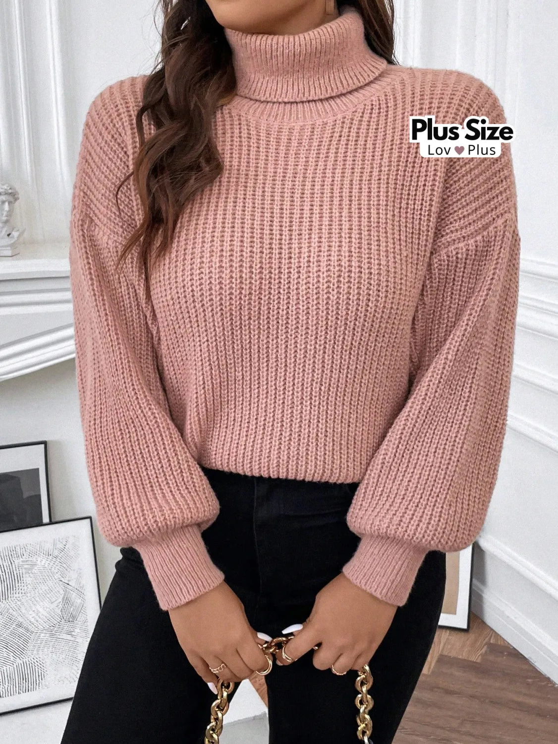 Suéter Plus Size Elegante de Lã com Gola Alta Suéter Plus Size