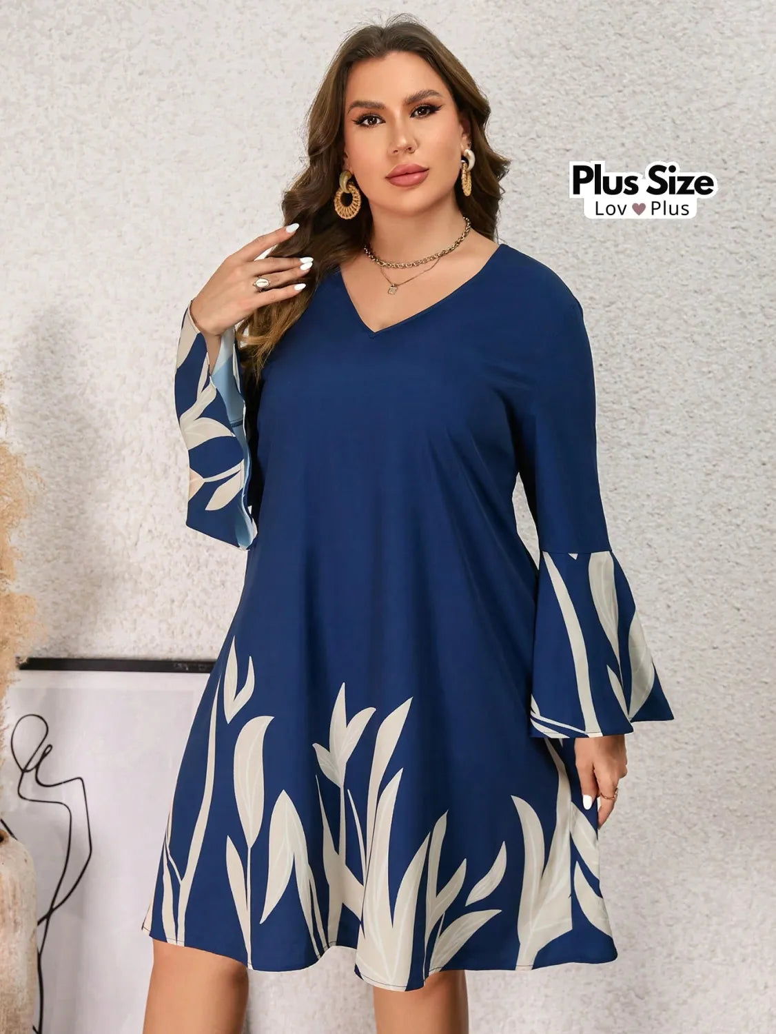 Vestido Barrado Plus Size de Manga Longa G1 / Azul Marinho Vestidos Plus Size
