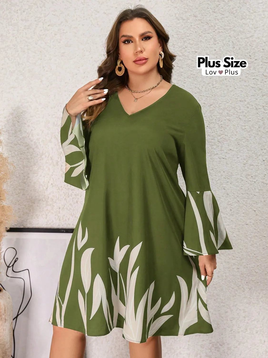 Vestido Barrado Plus Size de Manga Longa Vestidos Plus Size