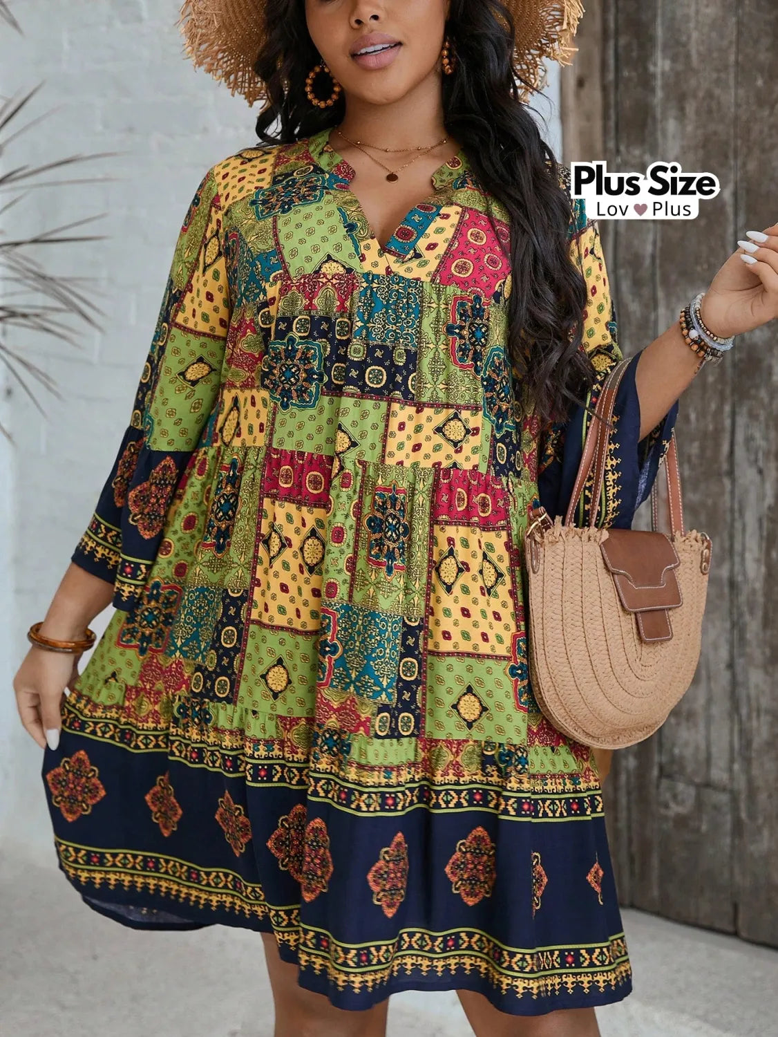 Vestido com Manga Flare Boho em Viscose Plus Size Vestidos Plus Size