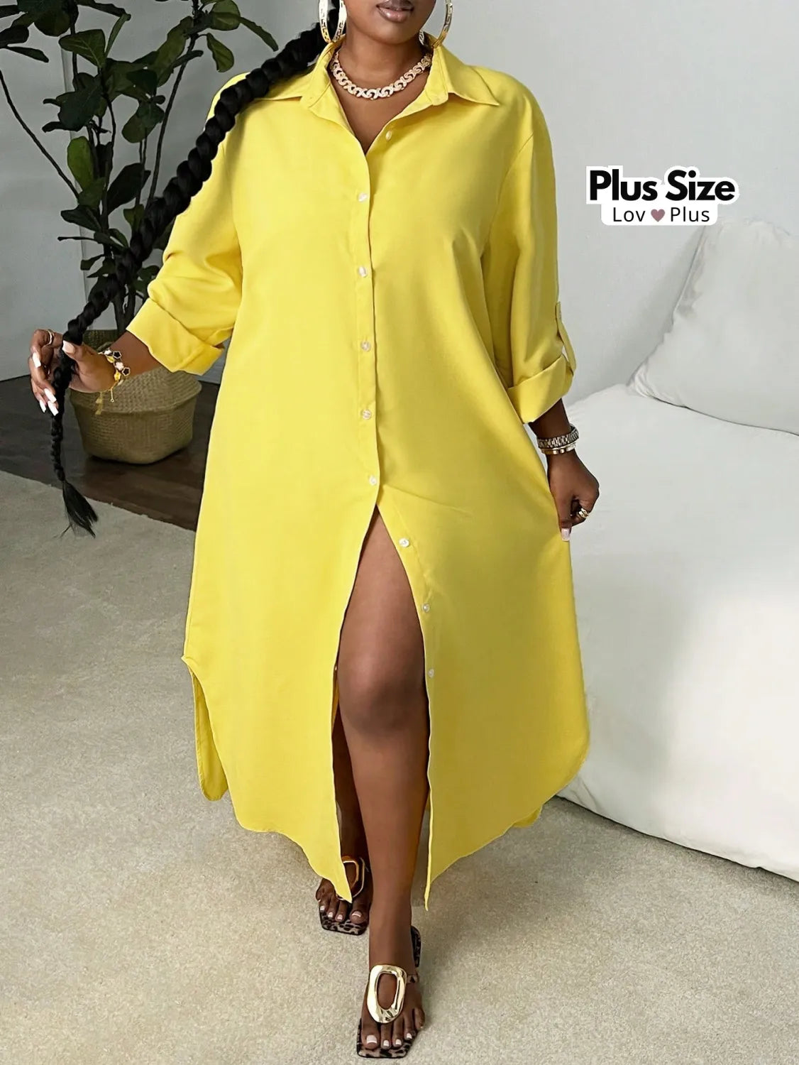 Vestido de Botão com Manga Dobrável Plus Size Vestidos Plus Size