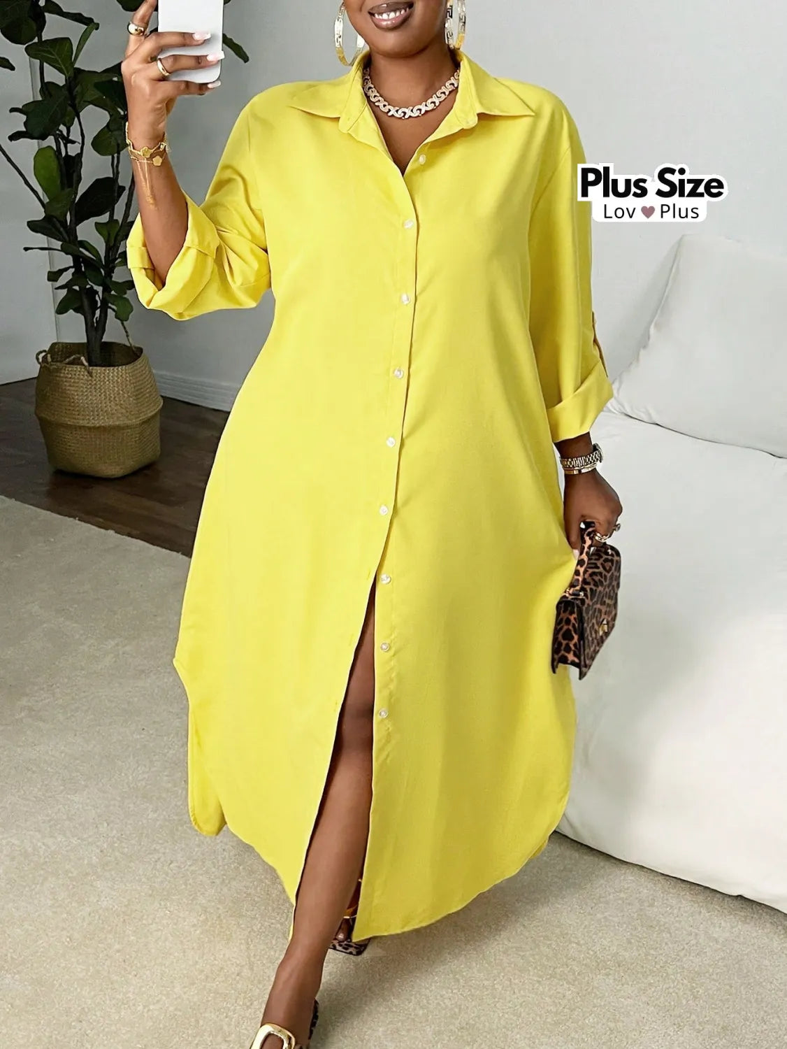 Vestido de Botão com Manga Dobrável Plus Size Vestidos Plus Size