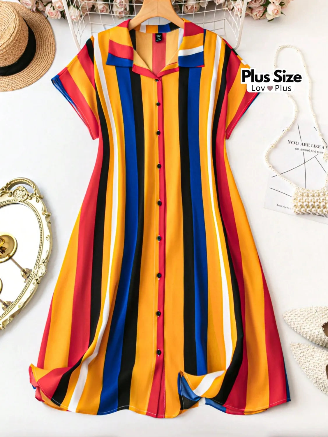 Vestido Listrado com Botões Plus Size Confortável G / Preto Vestidos Plus Size