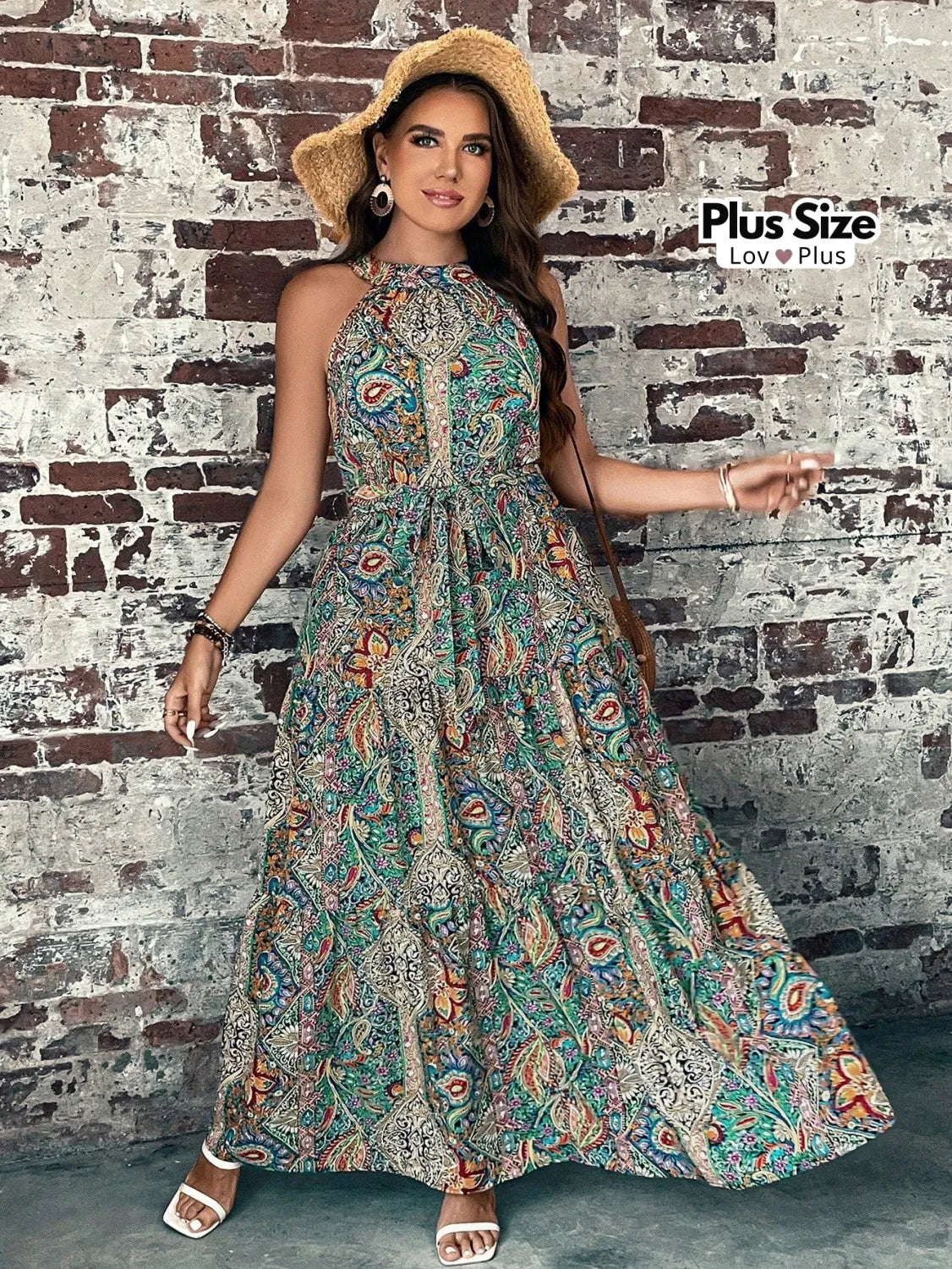 Vestido Longo Boho Plus Size com Cinto Vestidos Plus Size