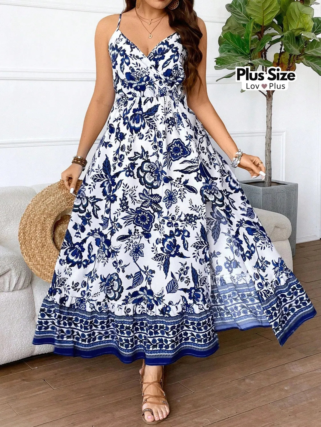 Vestido Longo Estiloso Plus Size com Fenda G / Azul Vestidos Plus Size