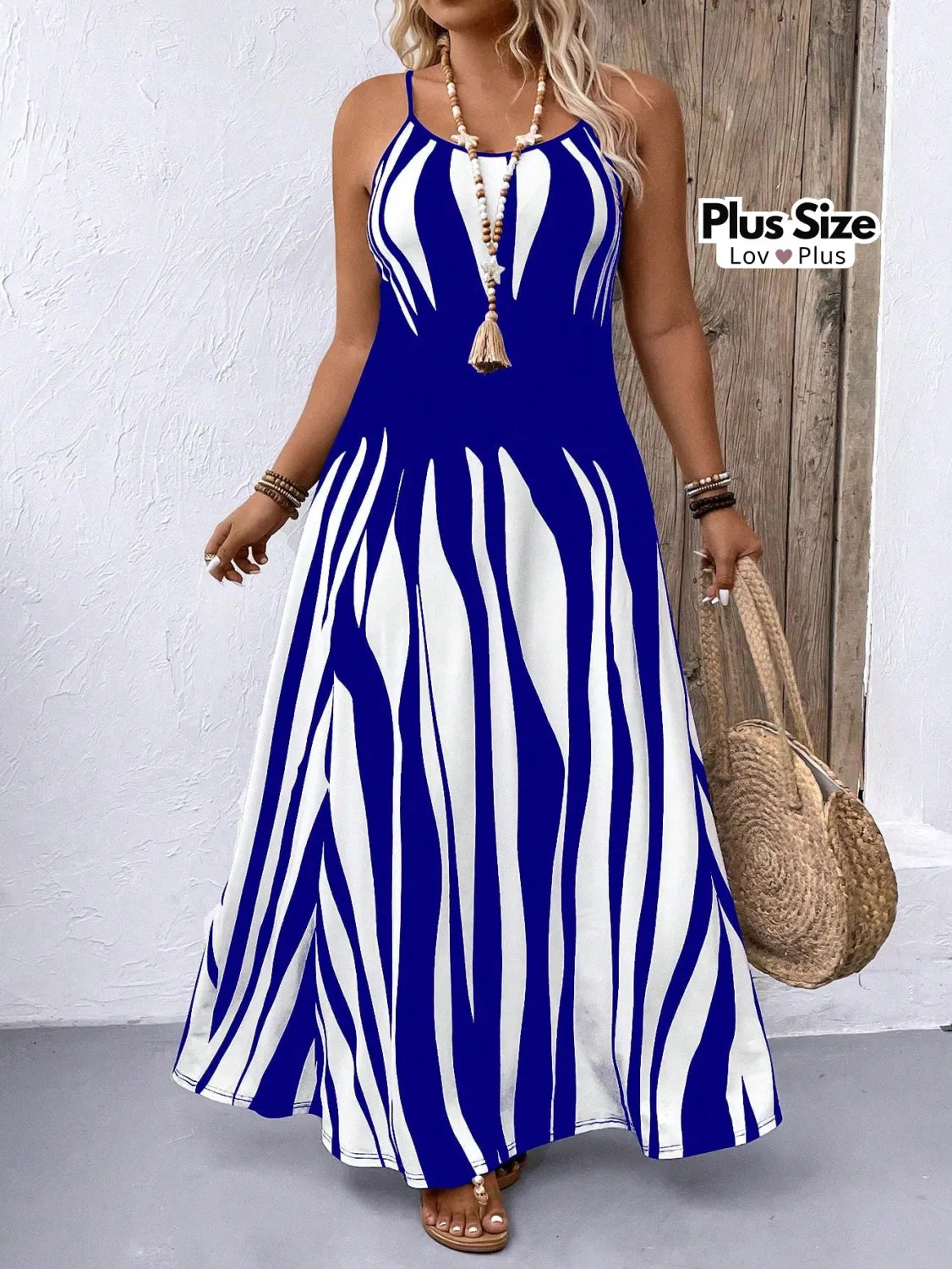 Vestido Maxi Azul e Branco Plus Size G / Azul Marinho Vestidos Plus Size
