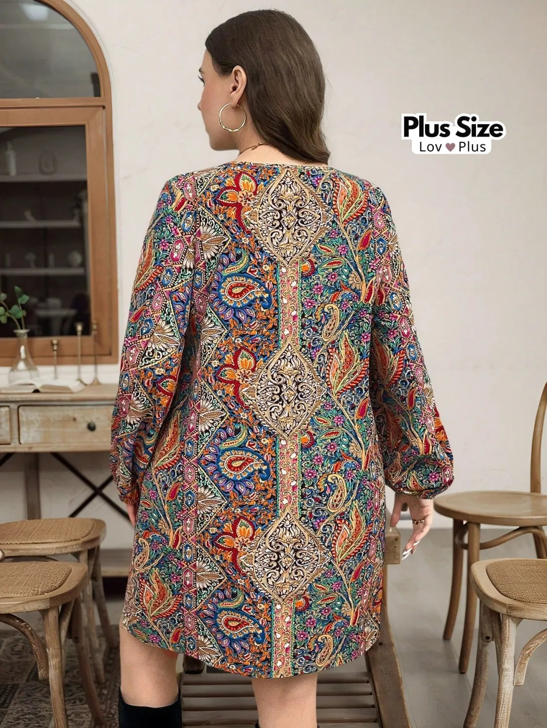 Vestido Midi com Manga Longa Plus Size Boho Vestidos Plus Size