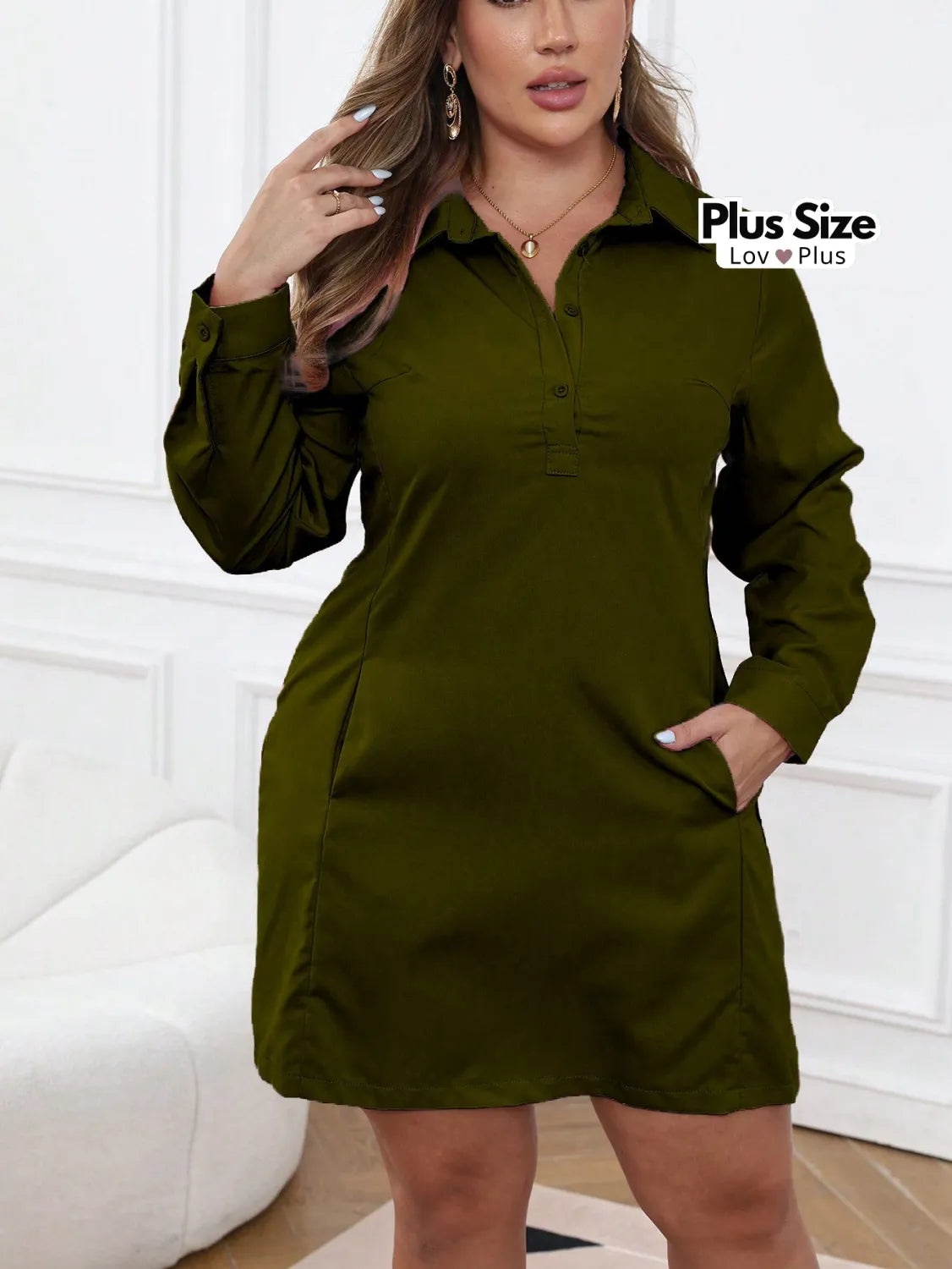 Vestido Plus Size com Bolso Lateral G / Verde Militar Vestidos Plus Size