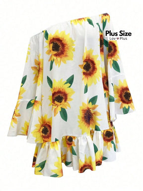 Vestido Plus Size de Girassol com Manga Flare Vestidos Plus Size