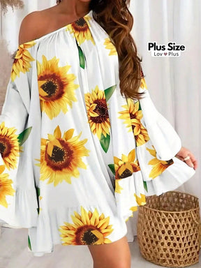 Vestido Plus Size de Girassol com Manga Flare Vestidos Plus Size
